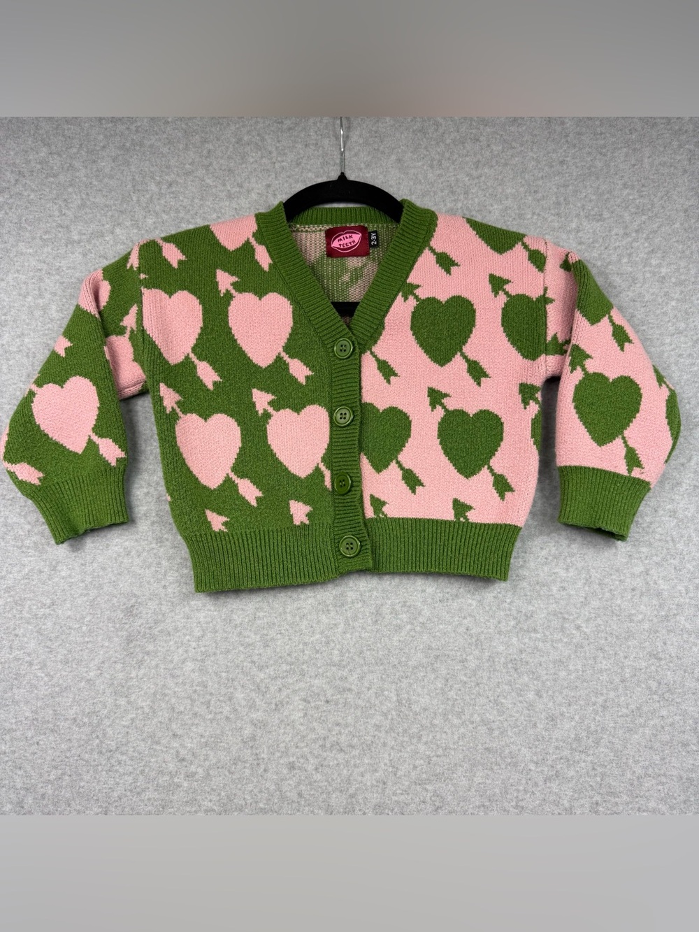 MILK TEETH "Lovestruck" Cardigan Girls 2-3Y Pink/Green Heart Knit V-Neck Sweater